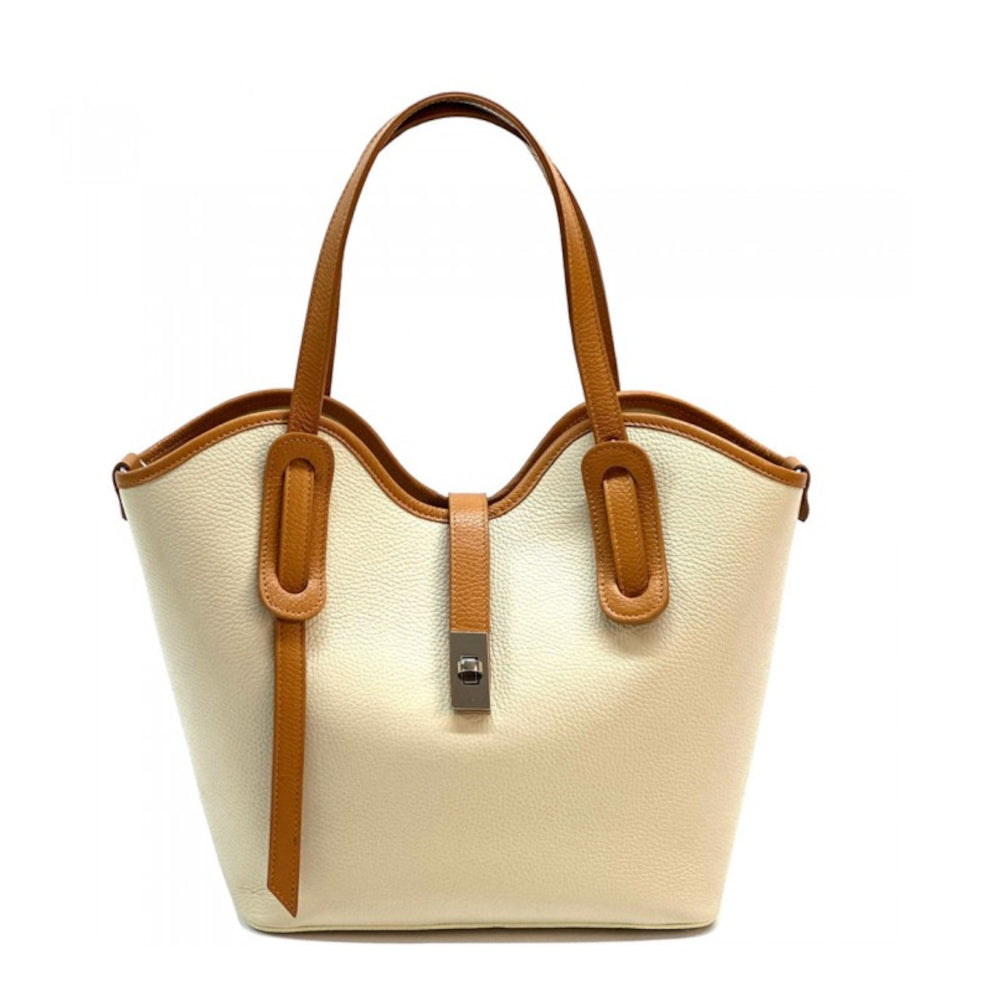 Borsa donna beige e cuoio a spalla in pelle 37x12x30 cm Bianca