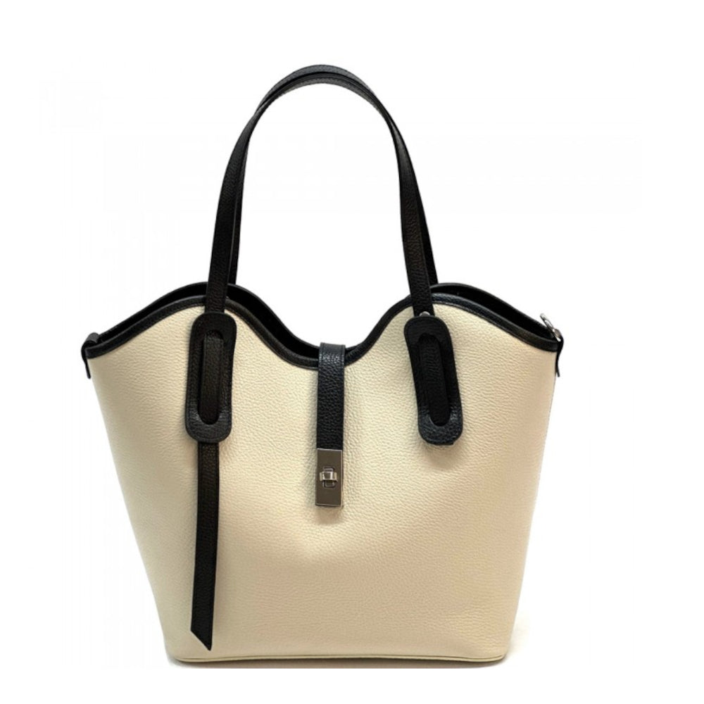 Borsa donna beige e nera a spalla in pelle 37x12x30 cm Bianca