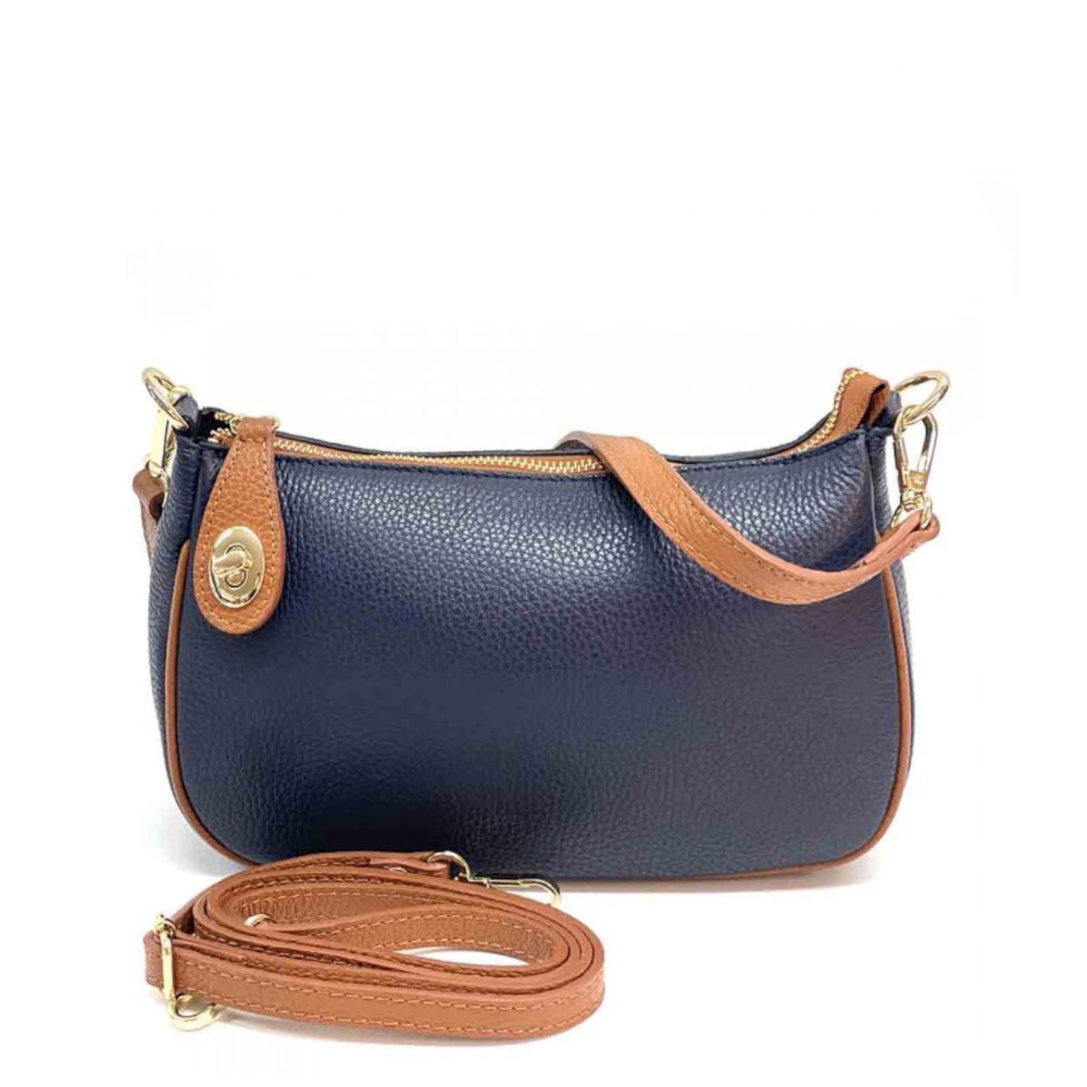 Borsa donna blu e cuoio a spalla in pelle 27x7x15 cm Sophia