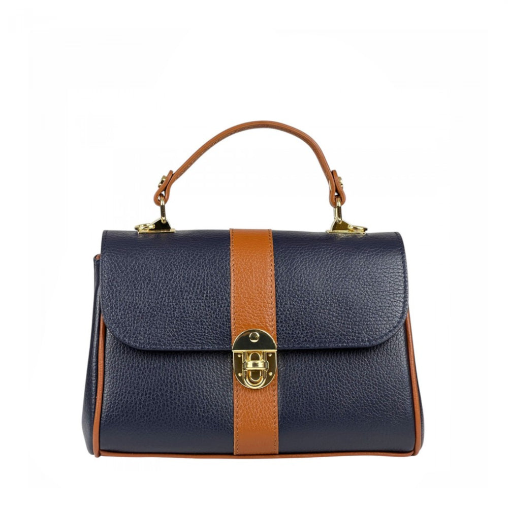 Borsa donna blu scuro e cuoio a mano in pelle 26x10x18 cm Bowling