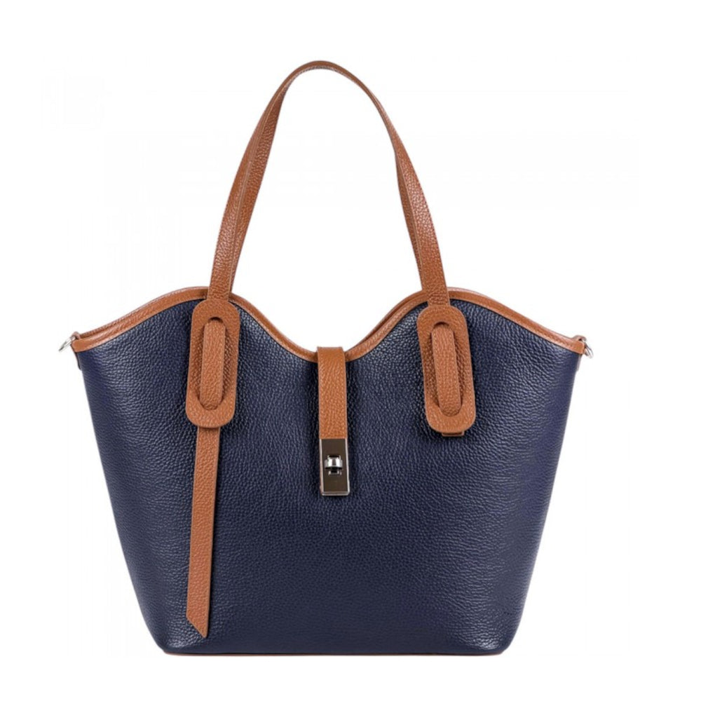 Borsa donna blu scuro e cuoio a spalla in pelle 37x12x30 cm Bianca
