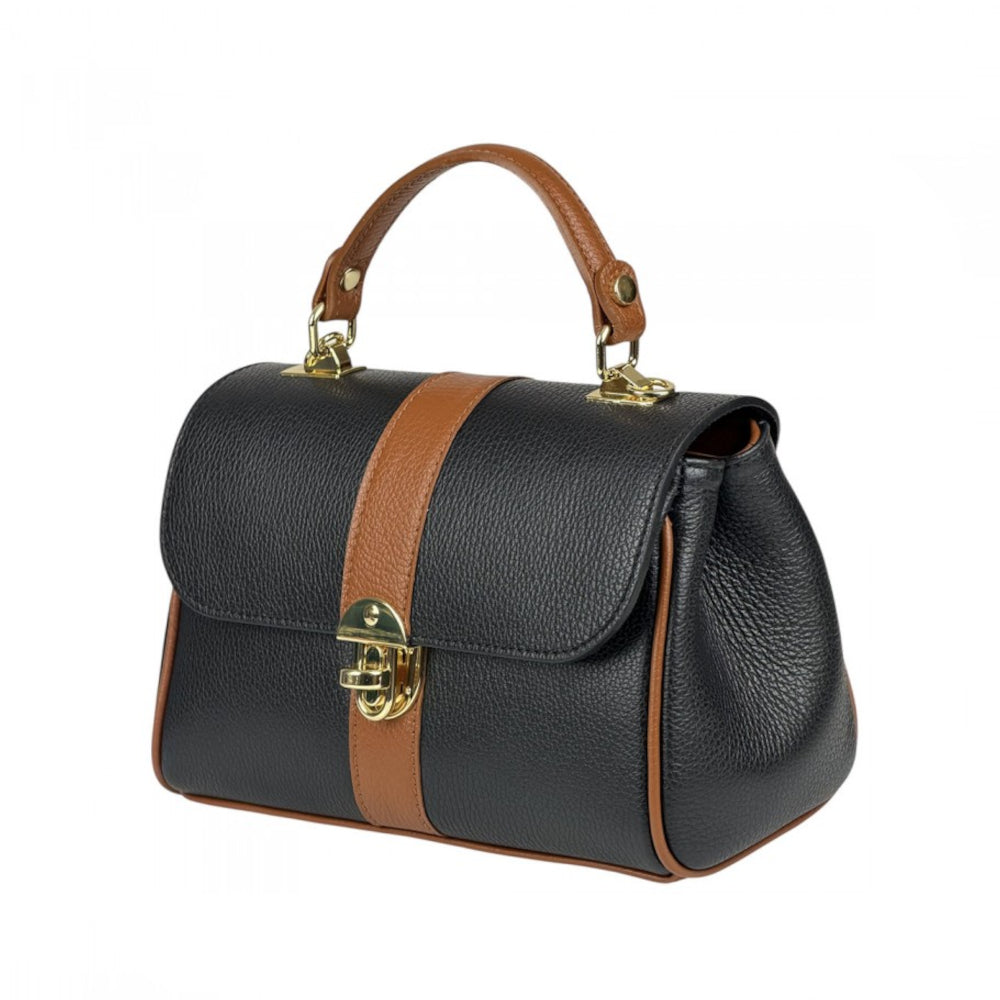 Borsa donna nera e cuoio a mano in pelle 26x10x18 cm Bowling