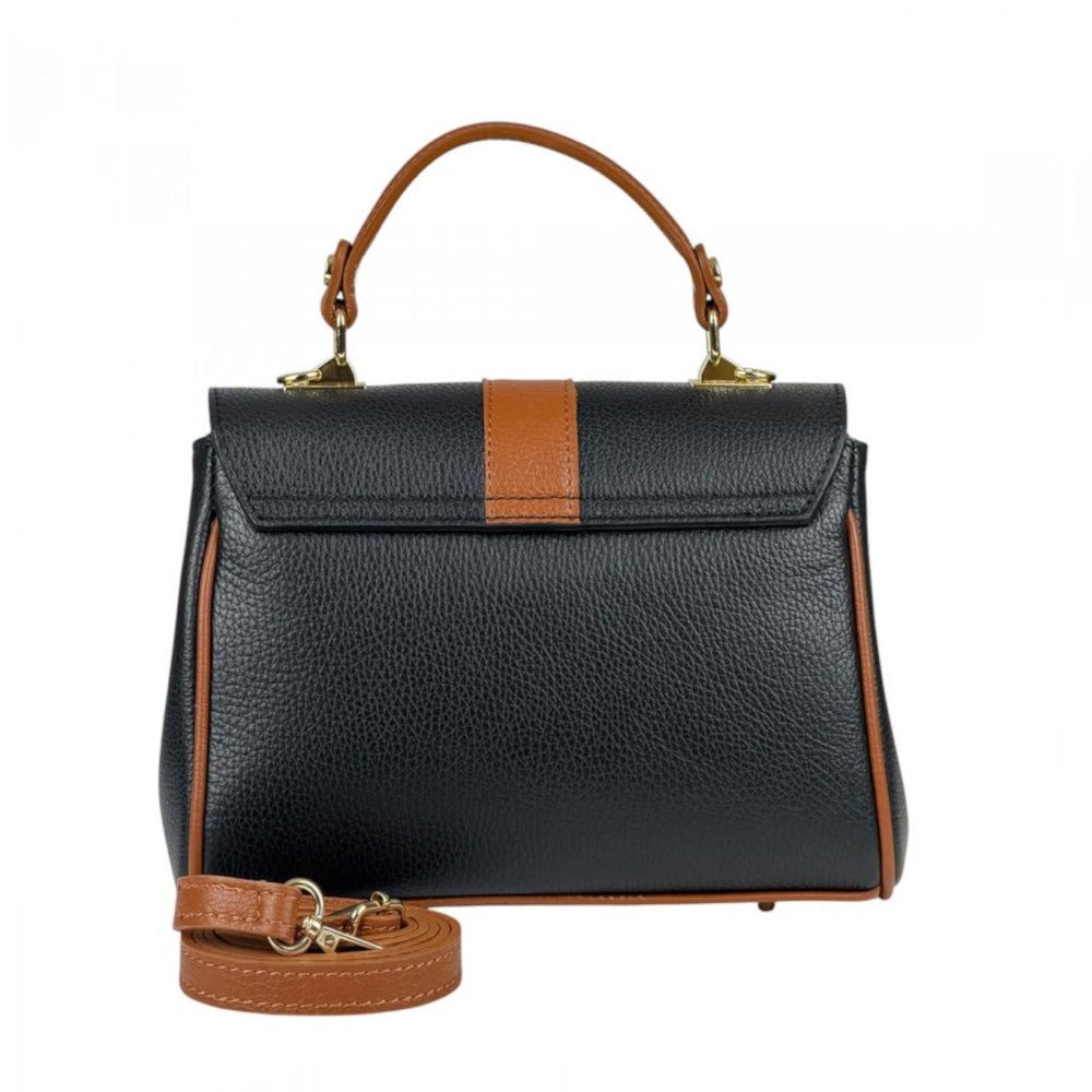 Borsa donna nera e cuoio a mano in pelle 26x10x18 cm Bowling