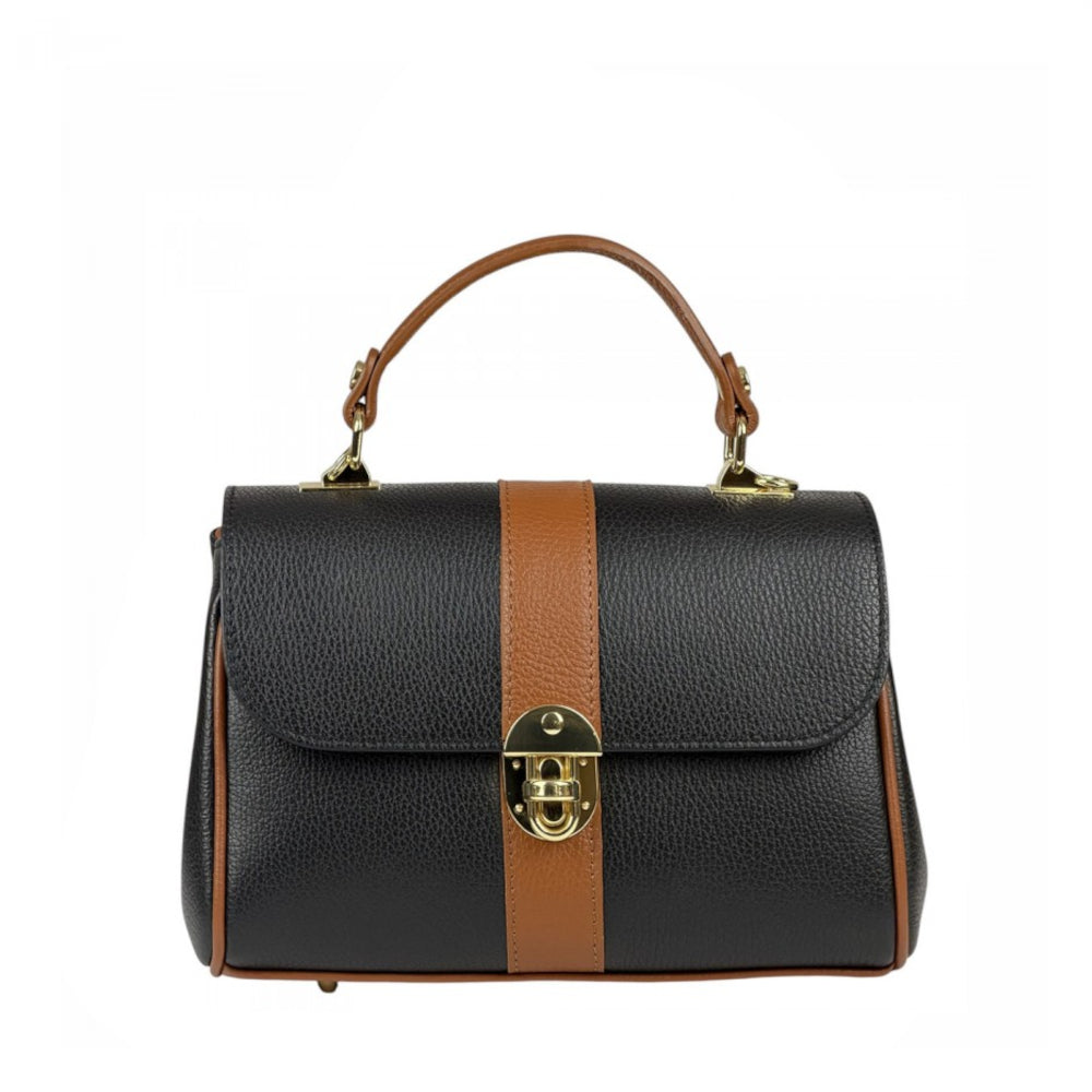 Borsa donna nera e cuoio a mano in pelle 26x10x18 cm Bowling