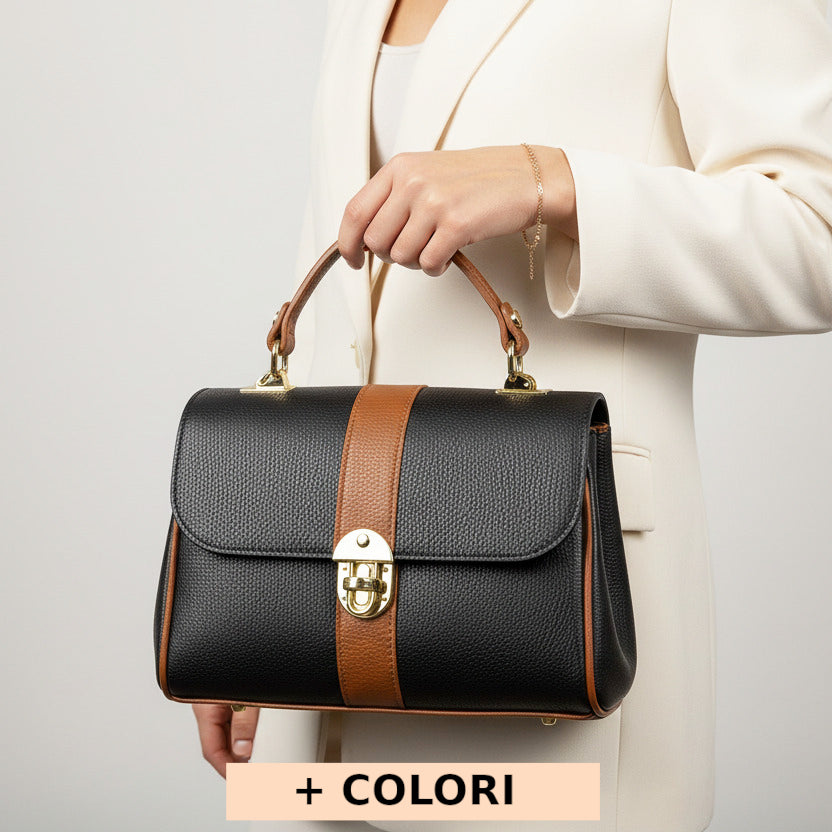 Borsa donna nera e cuoio a mano in pelle 26x10x18 cm Bowling