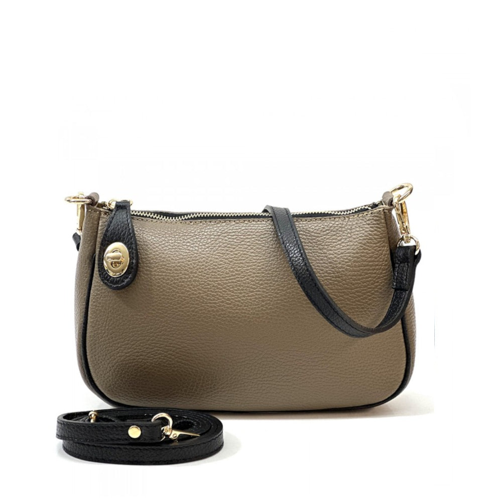 Borsa donna tortora e nero a spalla in pelle 27x7x15 cm Sophia
