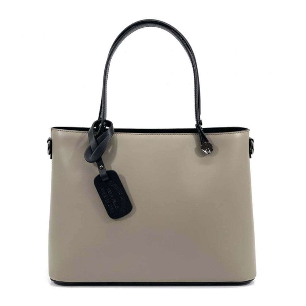 Borsa donna tortora e nero a spalla in pelle 37x16x28 cm Margherita