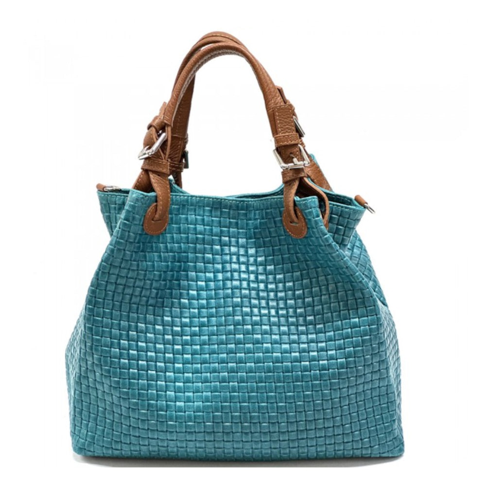 Borsa donna turchese a spalla in pelle 35x16x30 cm Debora IN