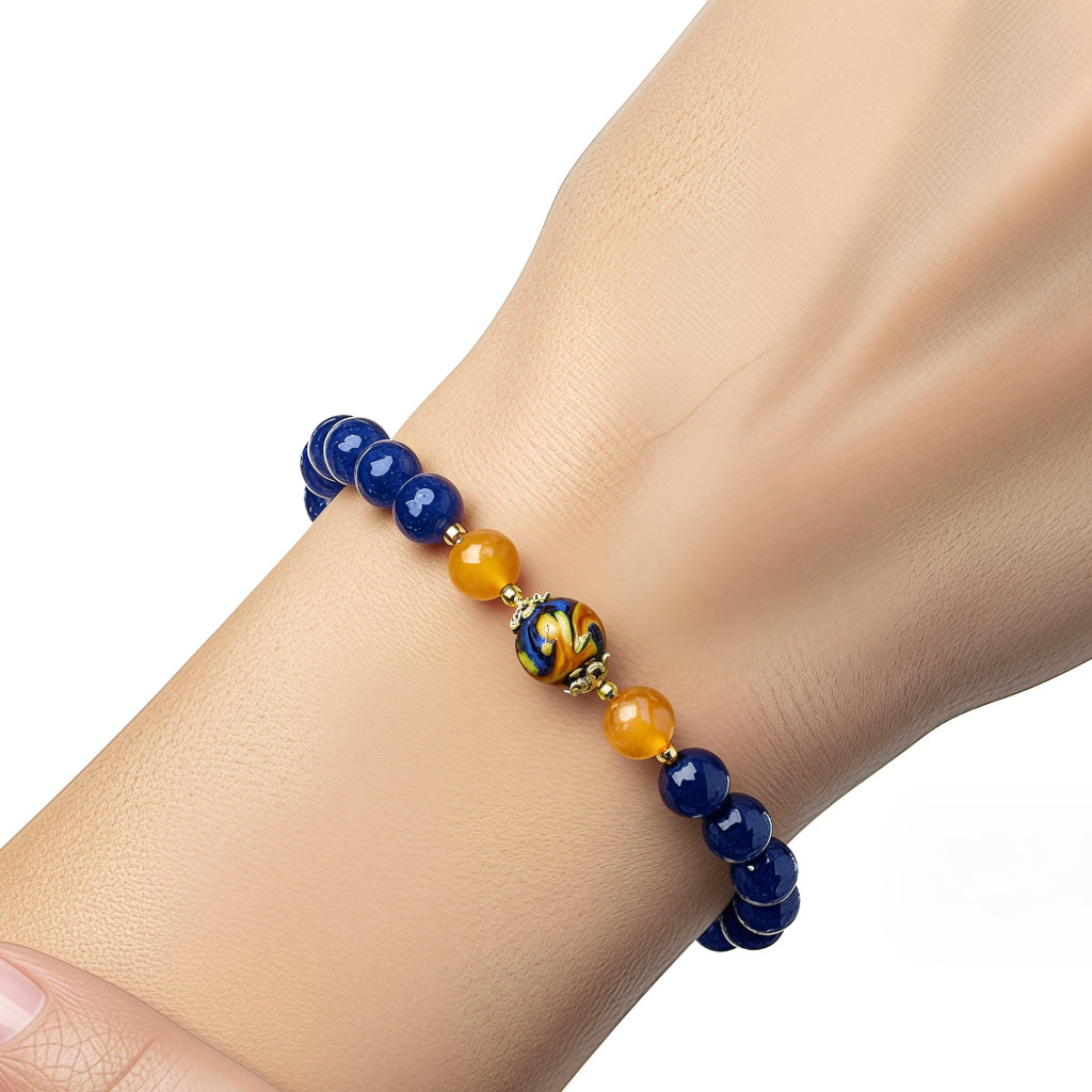 Bracciale Era in agata blu e gialla e perla in ceramica di Caltagirone