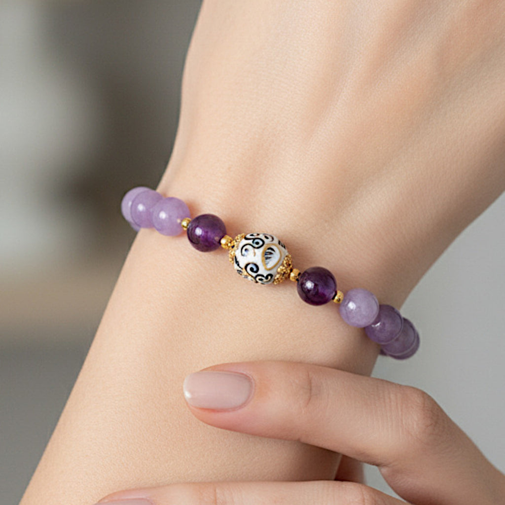 Bracciale Gea in agata viola e perla in ceramica di Caltagirone