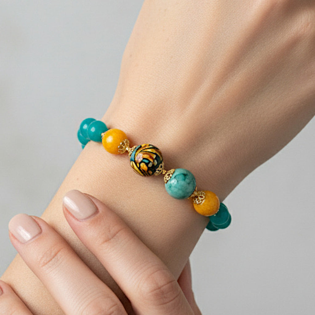 Bracciale Levanzo in agata verde e perle in ceramica di Caltagirone