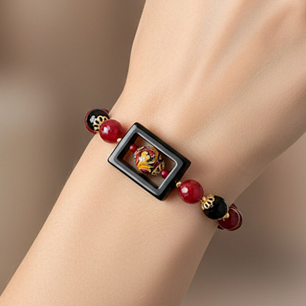 Bracciale Sciacca Quadro agata bordeaux e perla in ceramica di Caltagirone