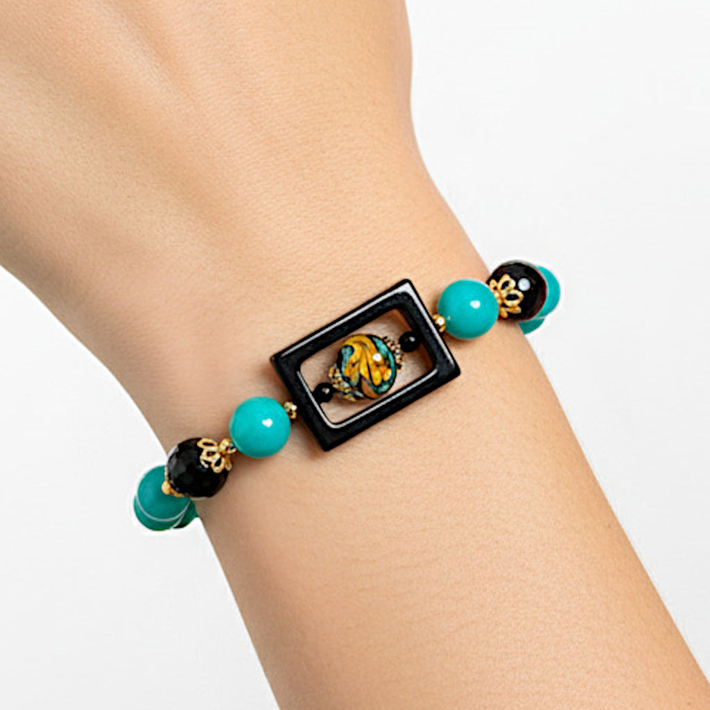 Bracciale Sciacca Quadro in agata verde e perla in ceramica di Caltagirone