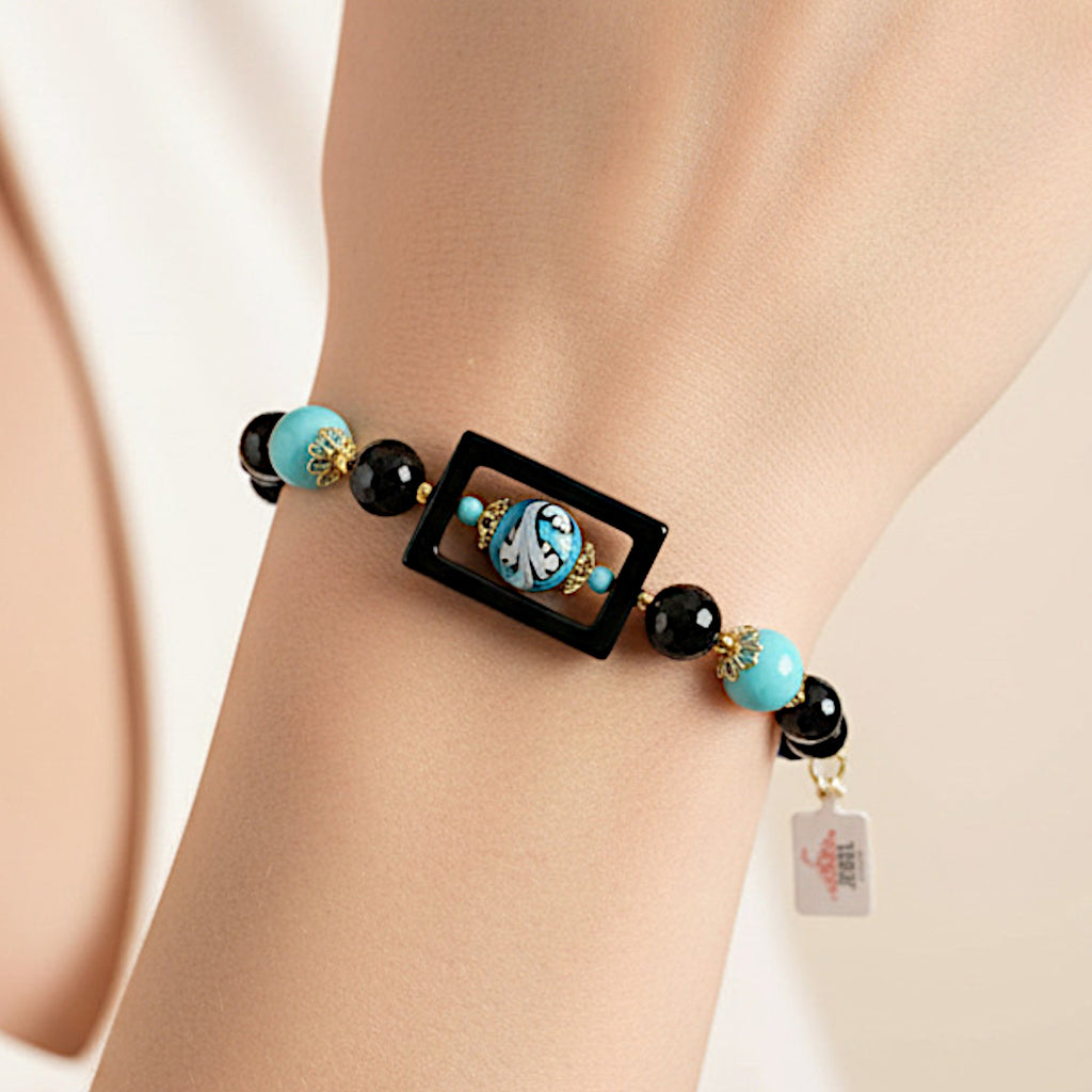 Bracciale Stromboli Quadro in onice e perla in ceramica di Caltagirone