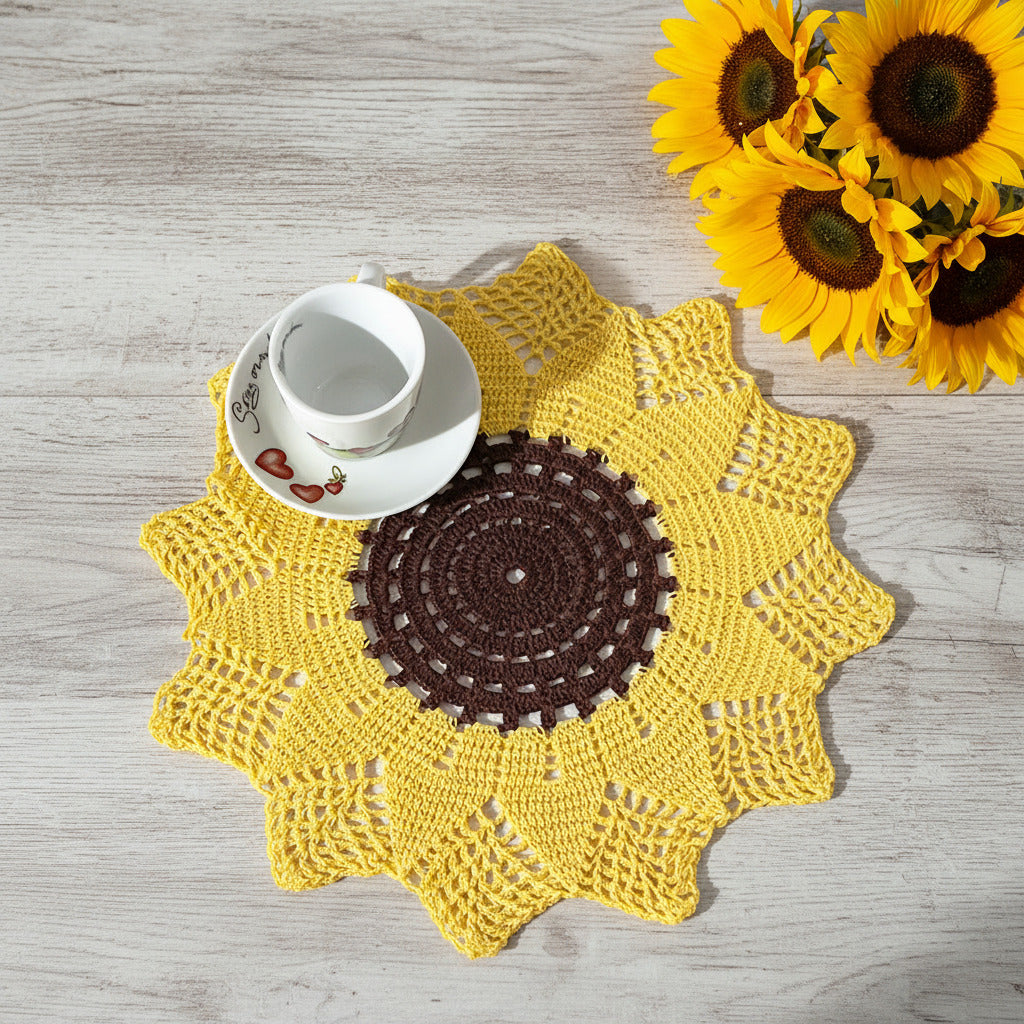 Centrino Girasole giallo e marrone rotondo ad uncinetto 33 cm