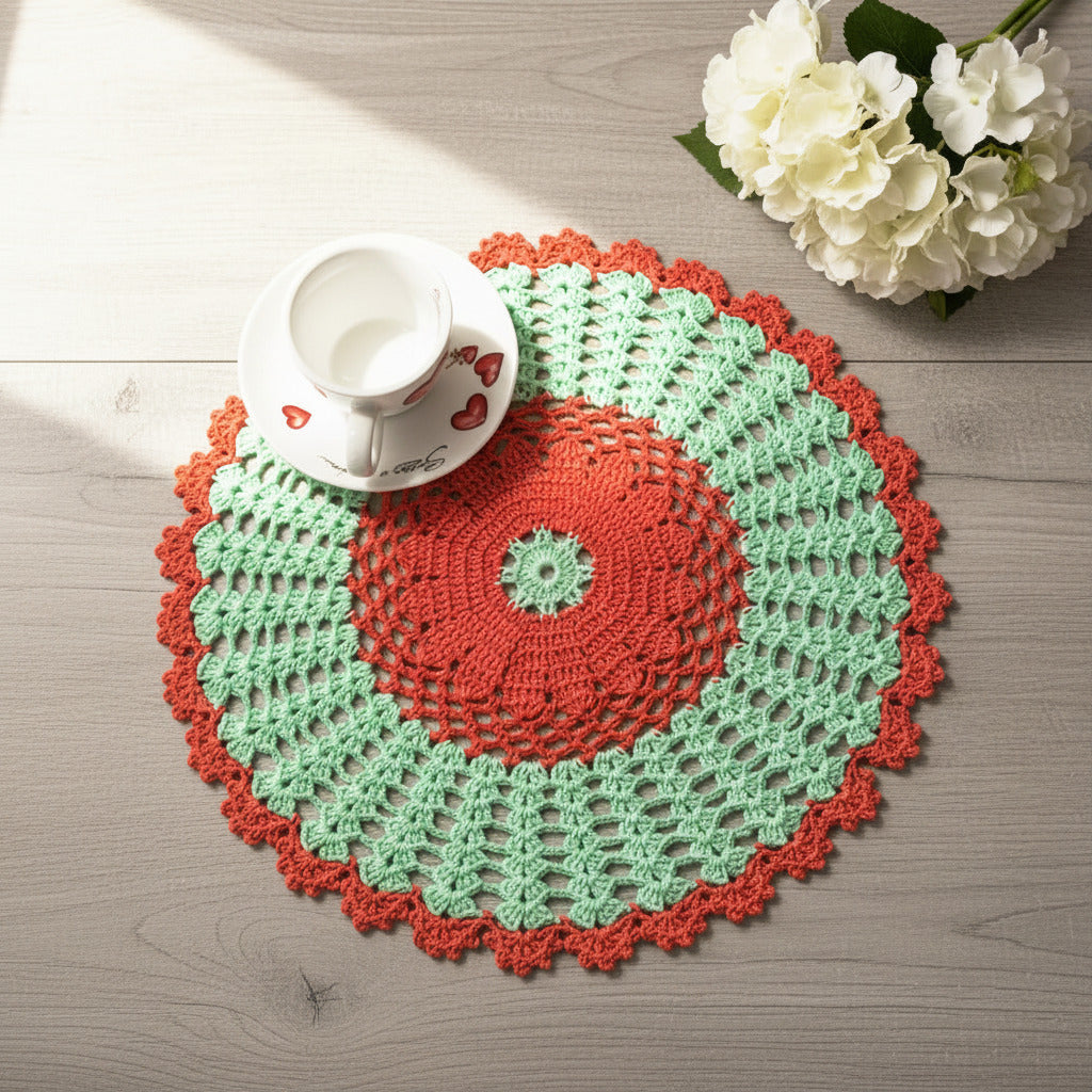 Centrino arancione e verde chiaro rotondo ad uncinetto 29 cm