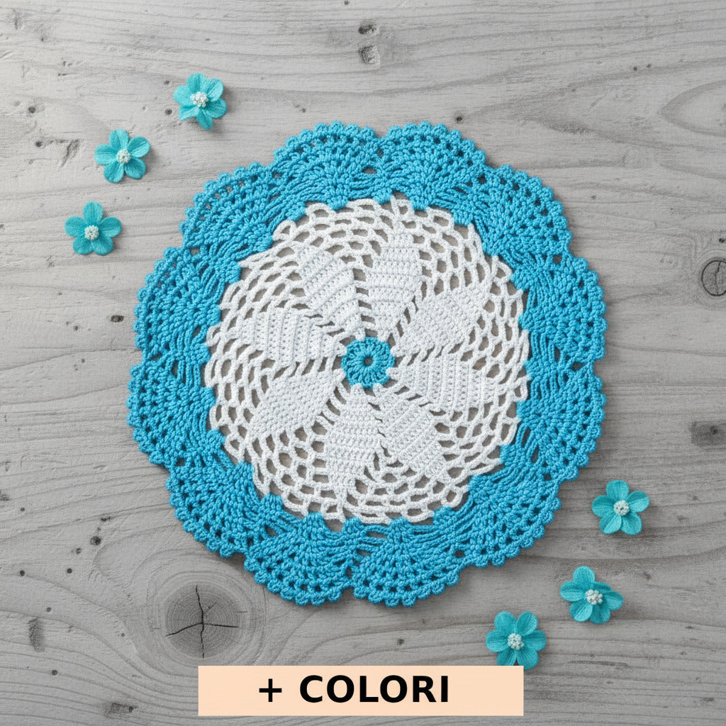 Centrino bianco e turchese rotondo ad uncinetto 22 cm