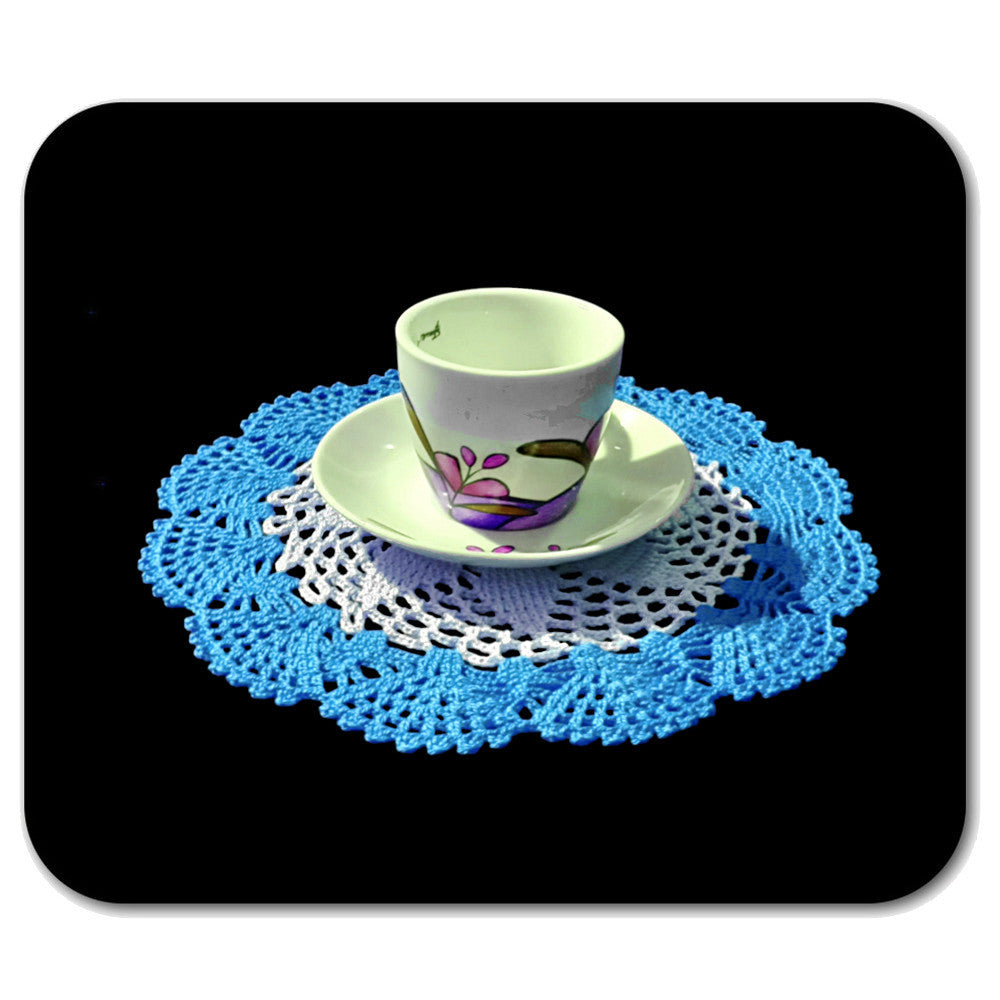 Centrino bianco e turchese rotondo ad uncinetto 22 cm