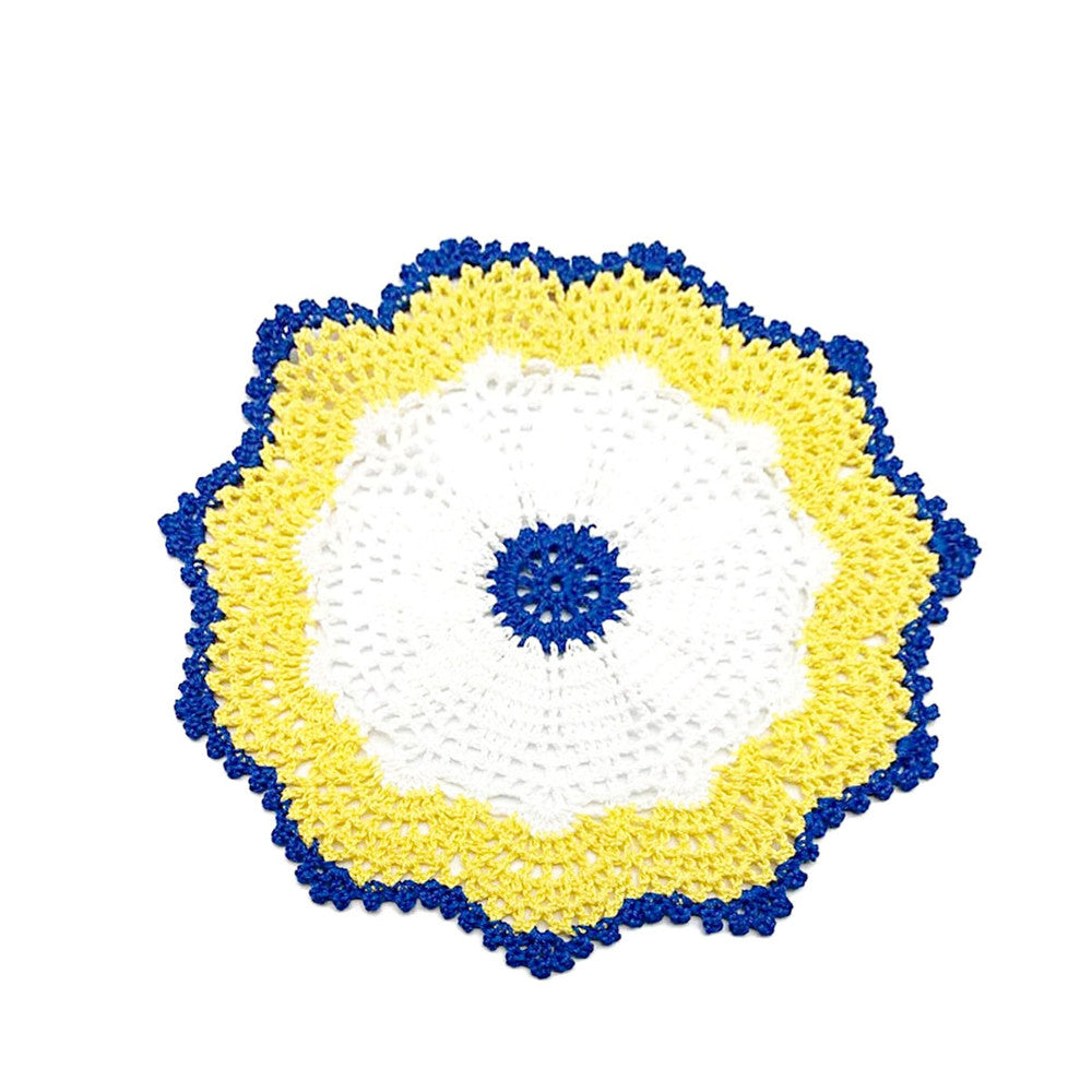 Centrino bianco giallo e blu rotondo ad uncinetto 23 cm