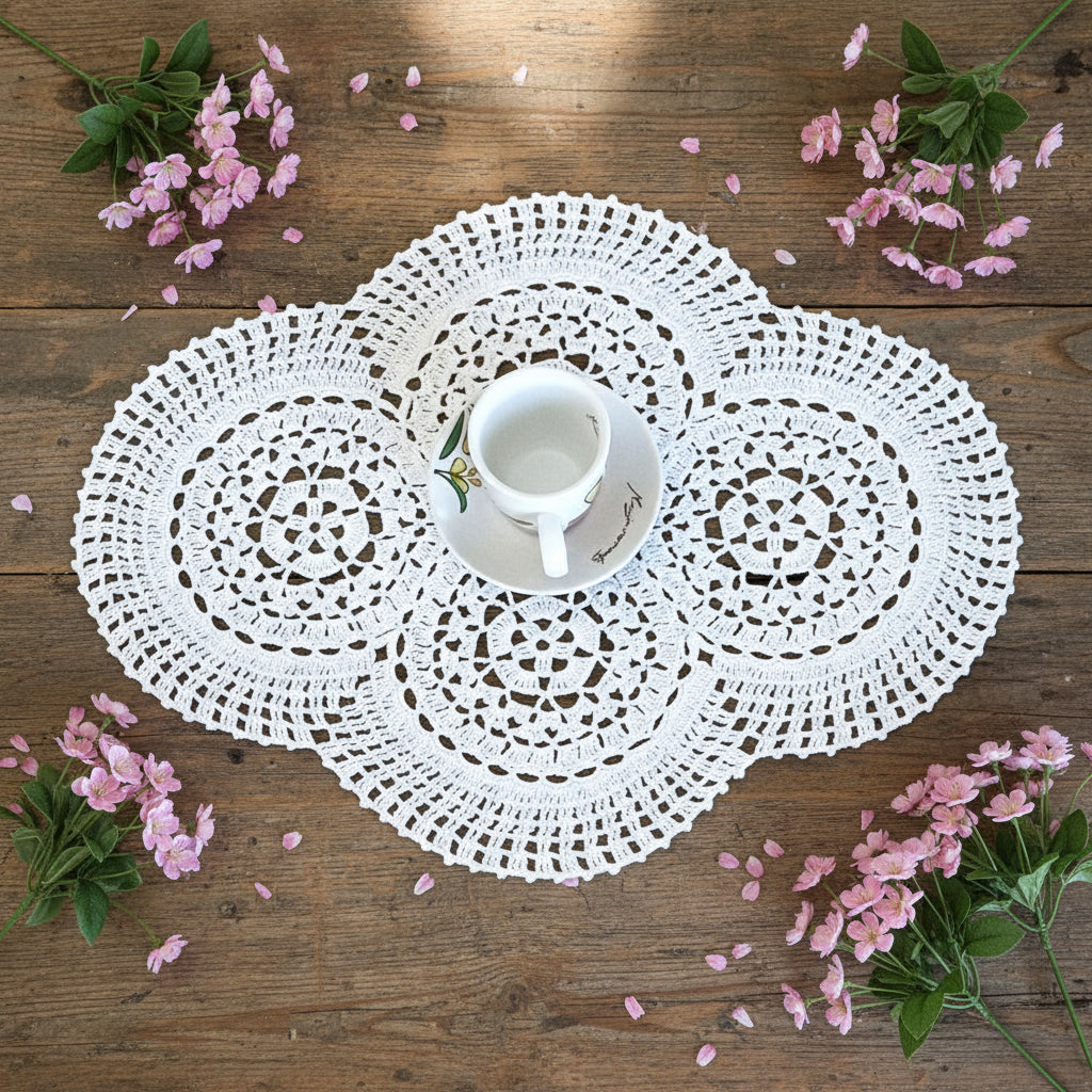 Centrino bianco ovale ad uncinetto in cotone 48x37 cm