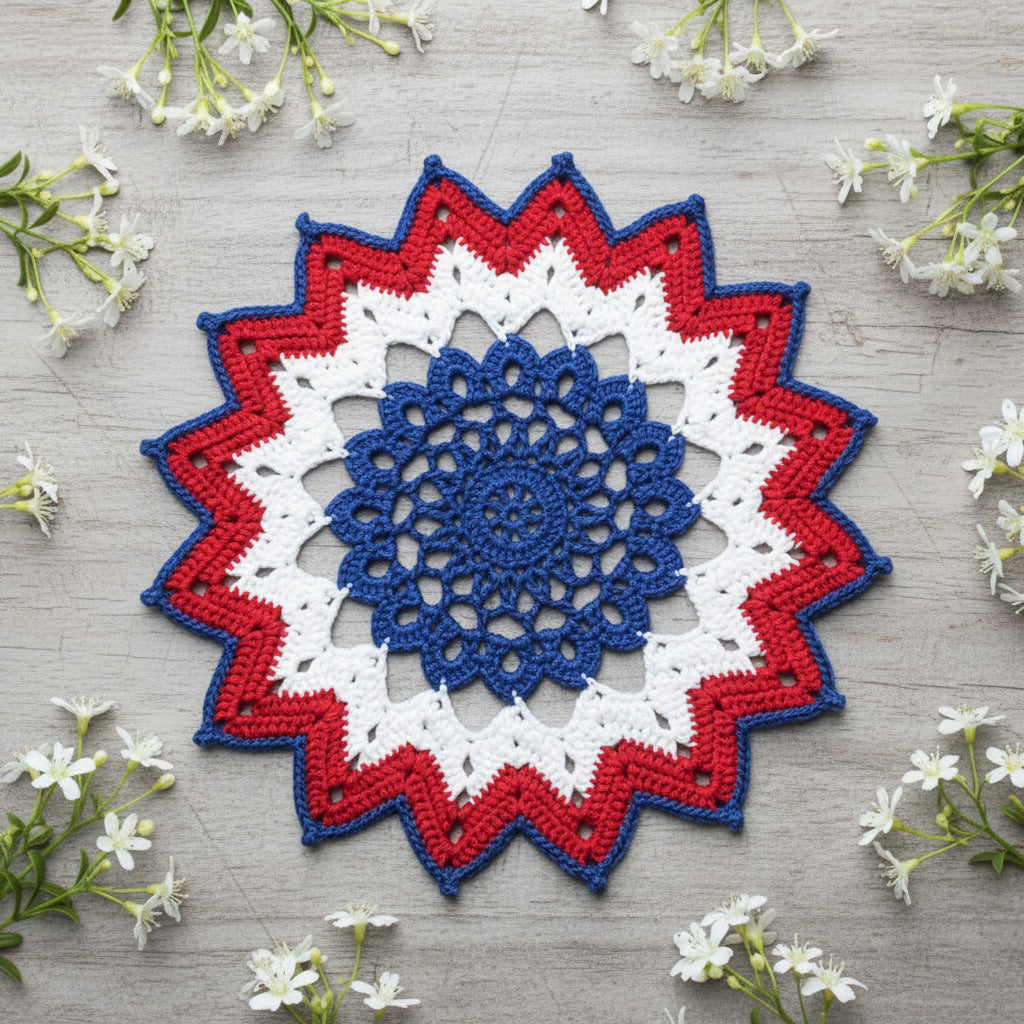 Centrino bianco rosso e blu rotondo ad uncinetto 21 cm