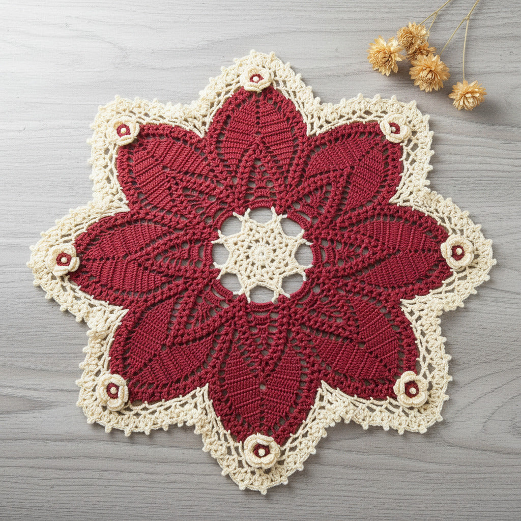 Centrino bordeaux e crema rotondo con fiori ad uncinetto 46 cm