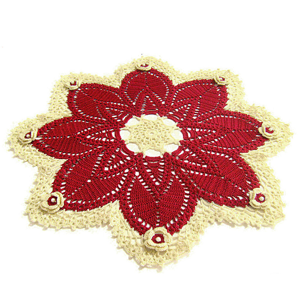 Centrino bordeaux e crema rotondo con fiori ad uncinetto 46 cm