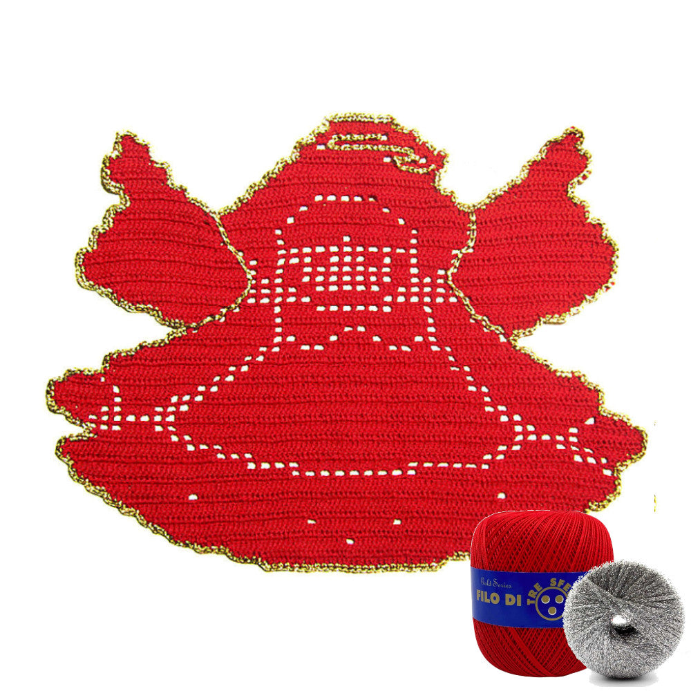 Centrino di Natale Angelo rosso e argento ad uncinetto 33x25 cm