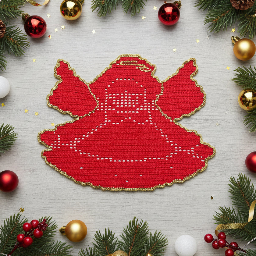 Centrino di Natale Angelo rosso e oro ad uncinetto 33x25 cm