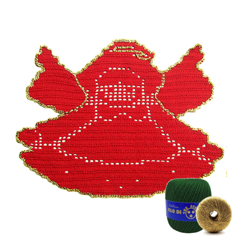 Centrino di Natale Angelo verde scuro e oro ad uncinetto 33x25 cm
