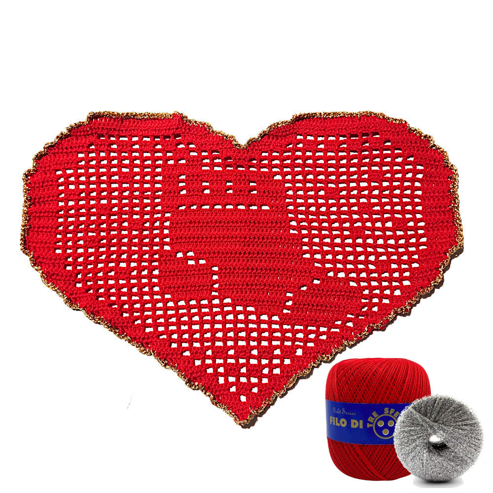 Centrino di Natale rosso e argento con calzetta ad uncinetto 29x19 cm