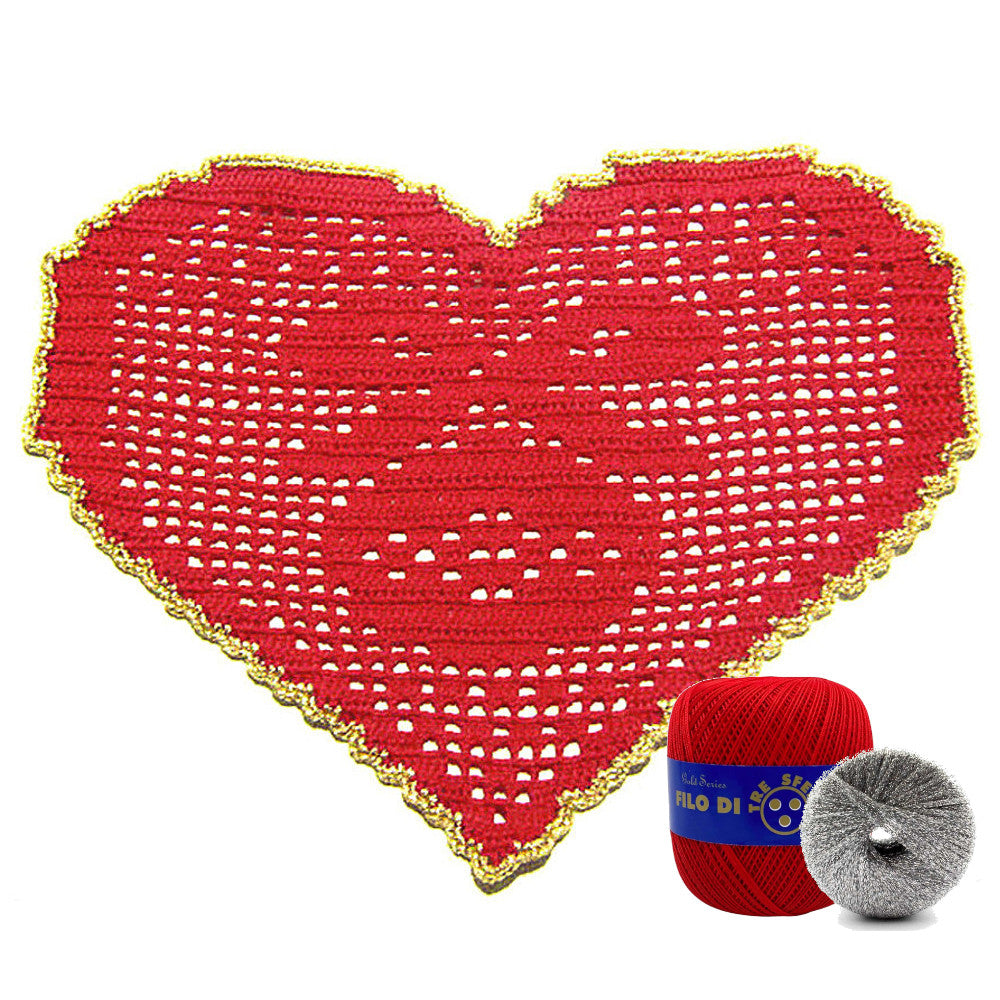 Centrino di Natale rosso e argento con pallina ad uncinetto 29x19 cm