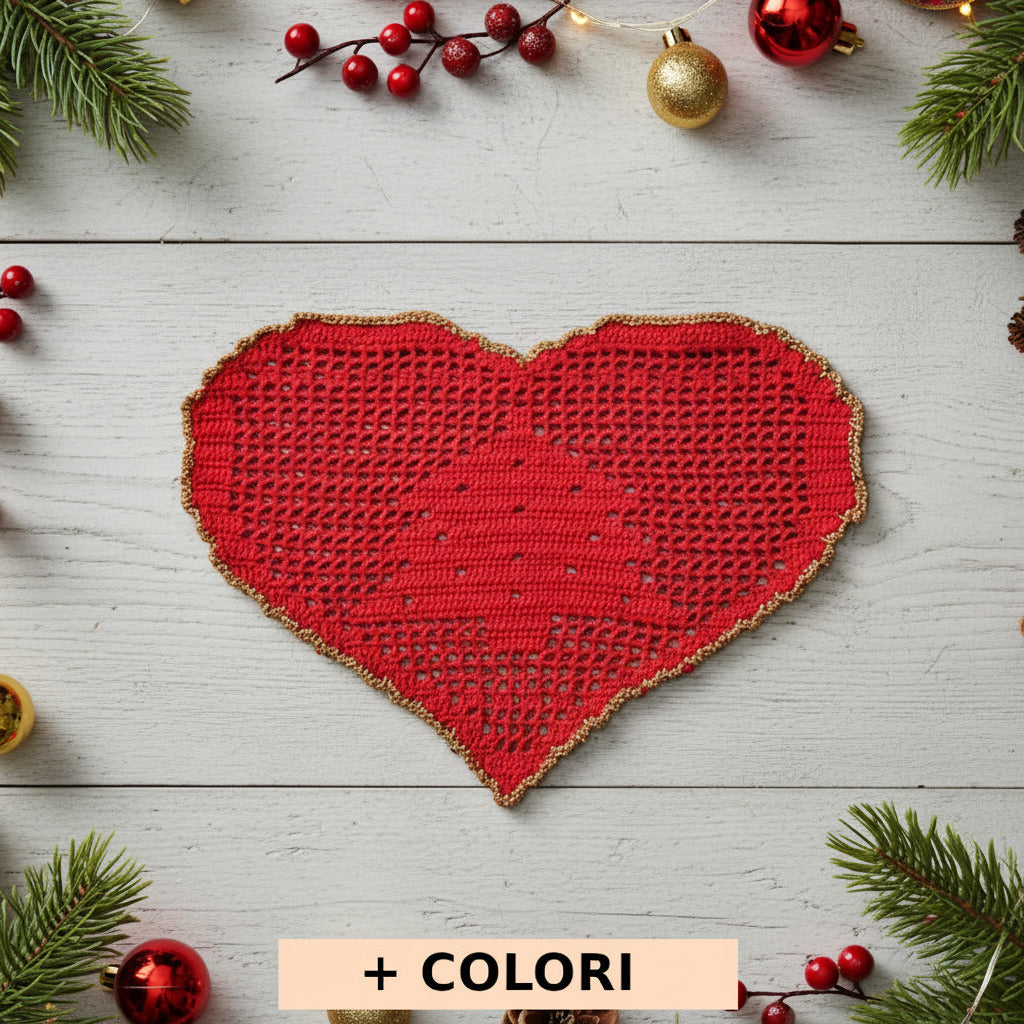 Centrino di Natale rosso e oro con alberello ad uncinetto 29x19 cm