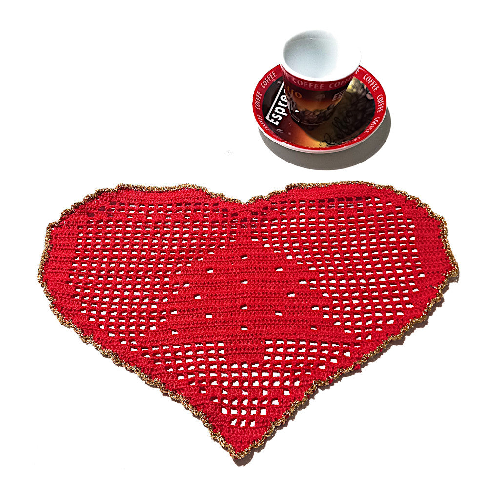 Centrino di Natale rosso e oro con alberello ad uncinetto 29x19 cm