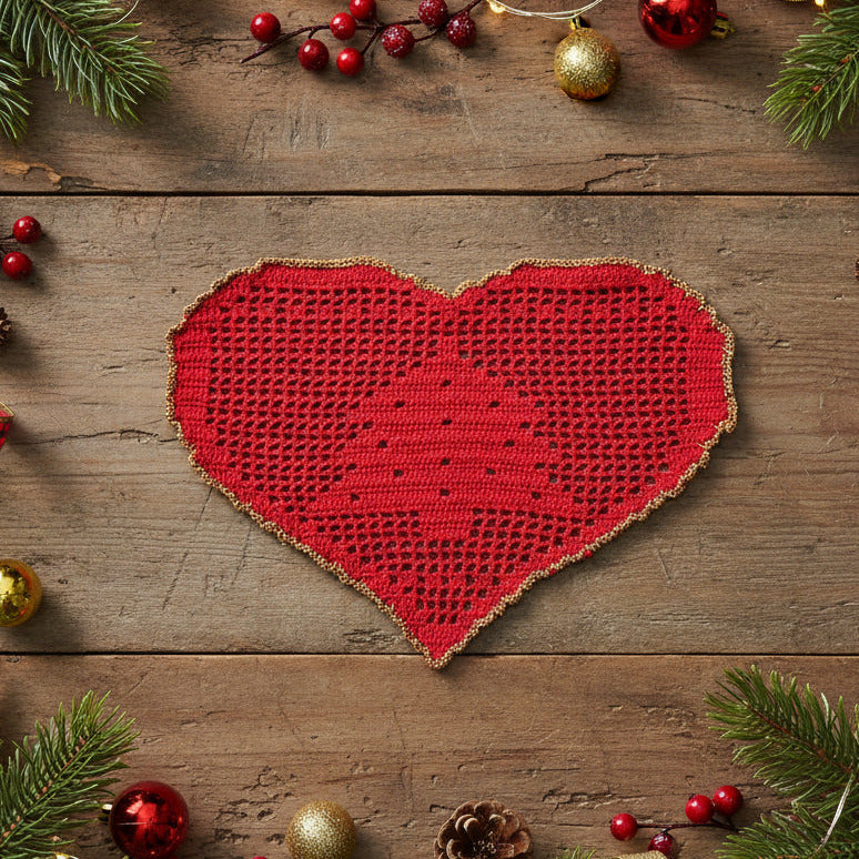 Centrino di Natale rosso e oro con alberello ad uncinetto 29x19 cm