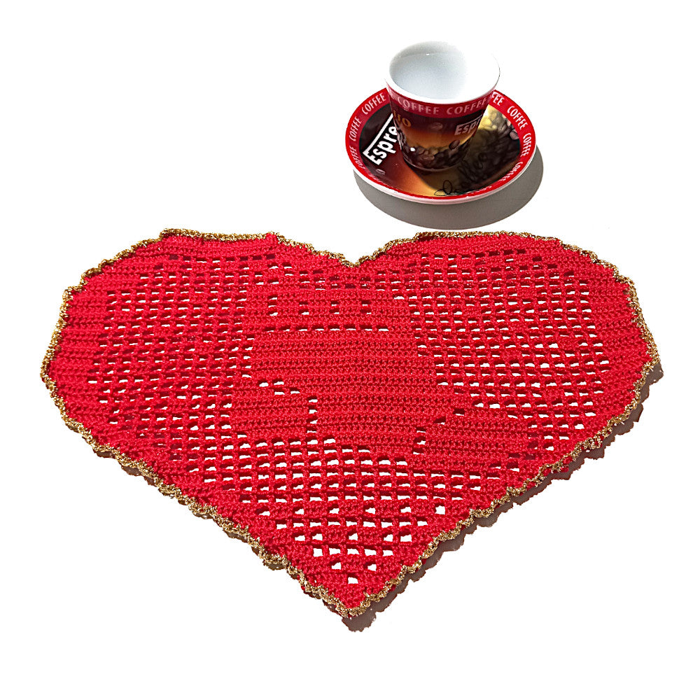 Centrino di Natale rosso e oro con calzetta ad uncinetto 29x19 cm