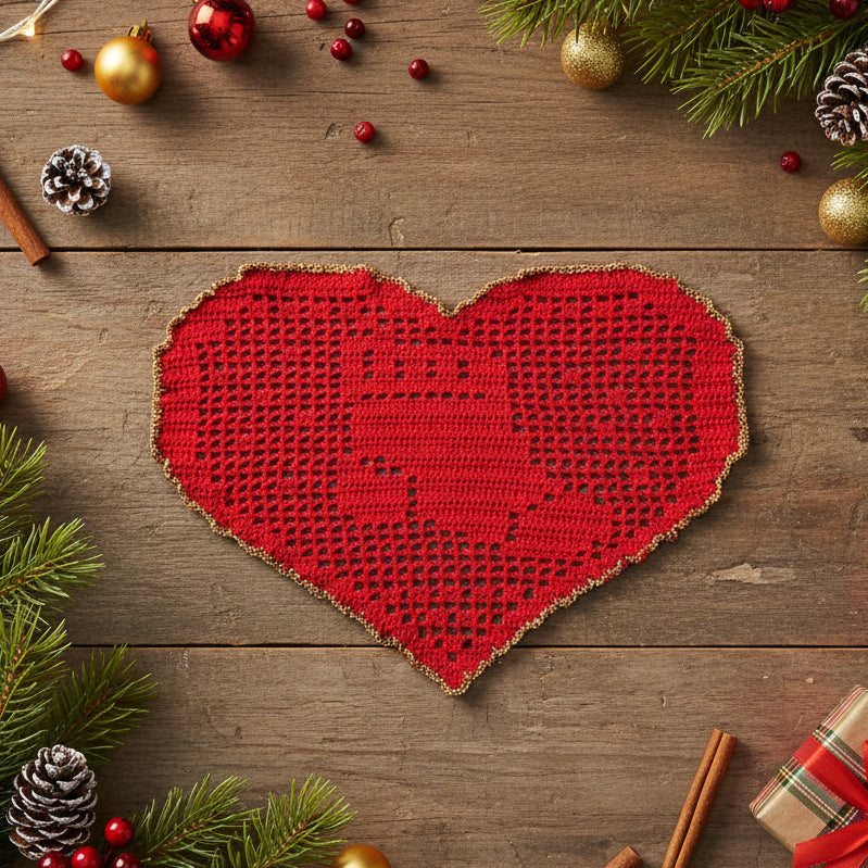 Centrino di Natale rosso e oro con calzetta ad uncinetto 29x19 cm