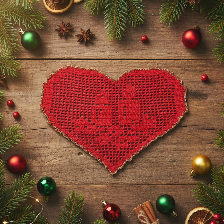 Centrino di Natale rosso e oro con candele ad uncinetto 29x19 cm