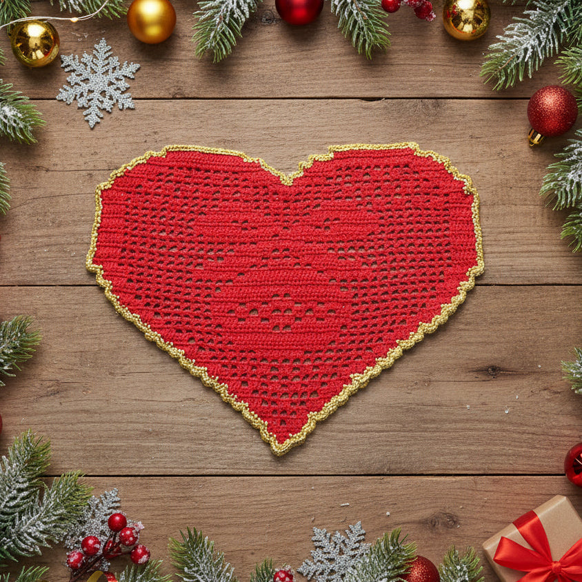 Centrino di Natale rosso e oro con pallina ad uncinetto 29x19 cm