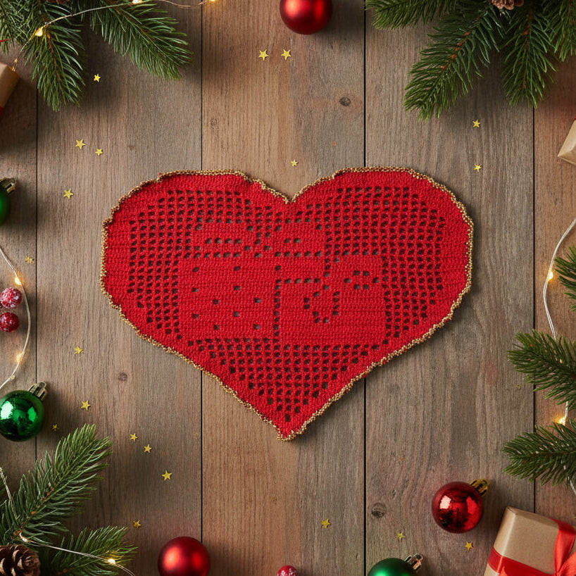 Centrino di Natale rosso e oro con regali ad uncinetto 29x19 cm