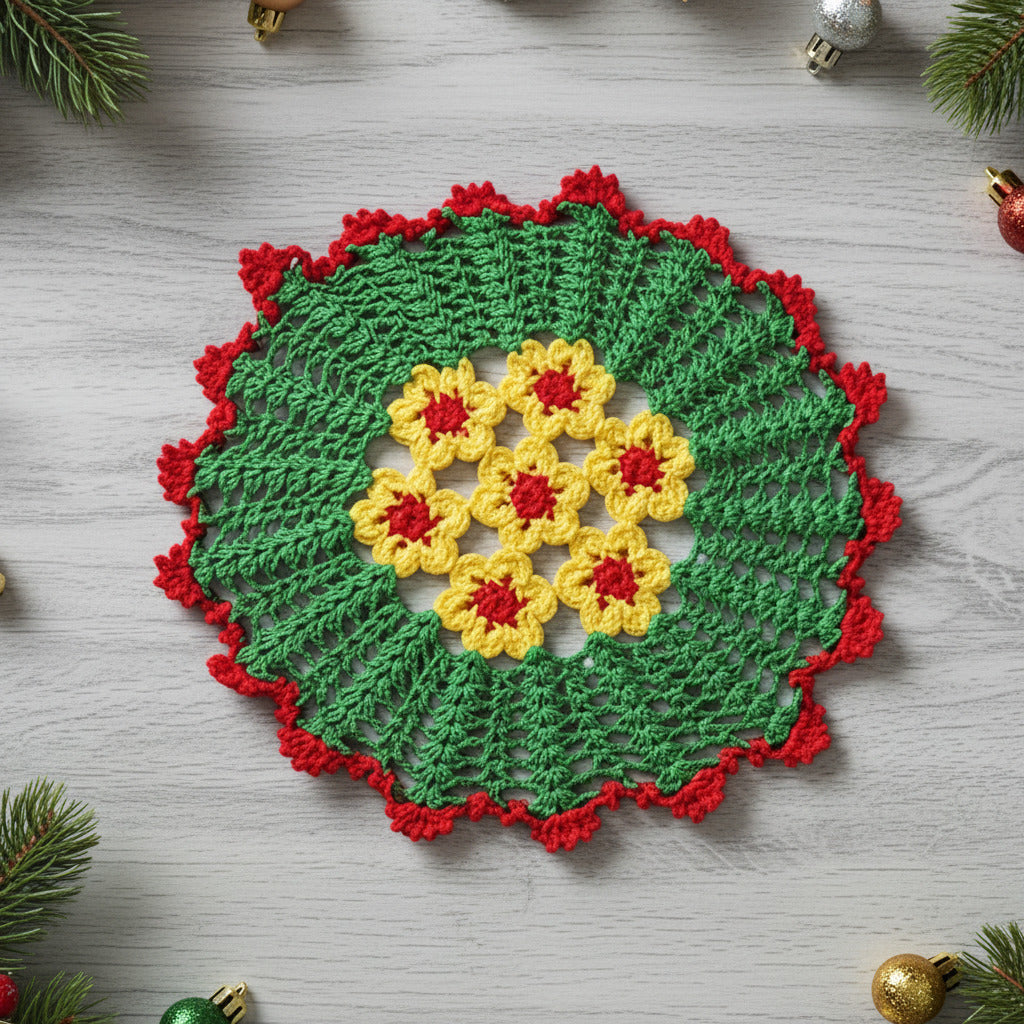 Centrino di Natale rosso verde e giallo ad uncinetto 30 cm