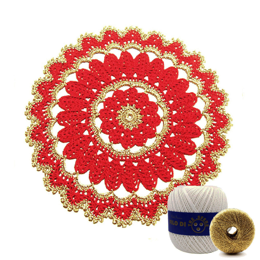 Centrino di Natale rotondo bianco e oro ad uncinetto 26.5 cm