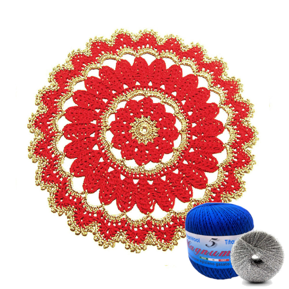 Centrino di Natale rotondo blu e argento ad uncinetto 26.5 cm