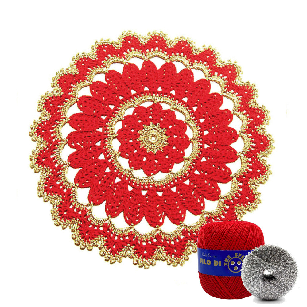 Centrino di Natale rotondo rosso e argento ad uncinetto 26.5 cm