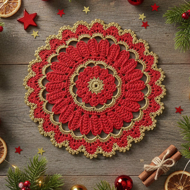 Centrino di Natale rotondo rosso e oro ad uncinetto 26.5 cm