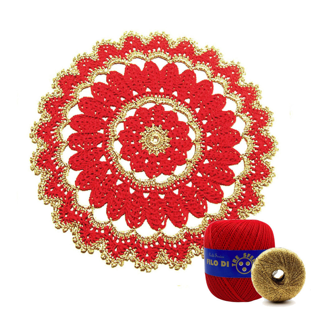 Centrino di Natale rotondo rosso e oro ad uncinetto 26.5 cm