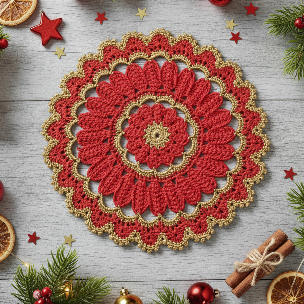Centrino di Natale rotondo rosso e oro ad uncinetto 26.5 cm