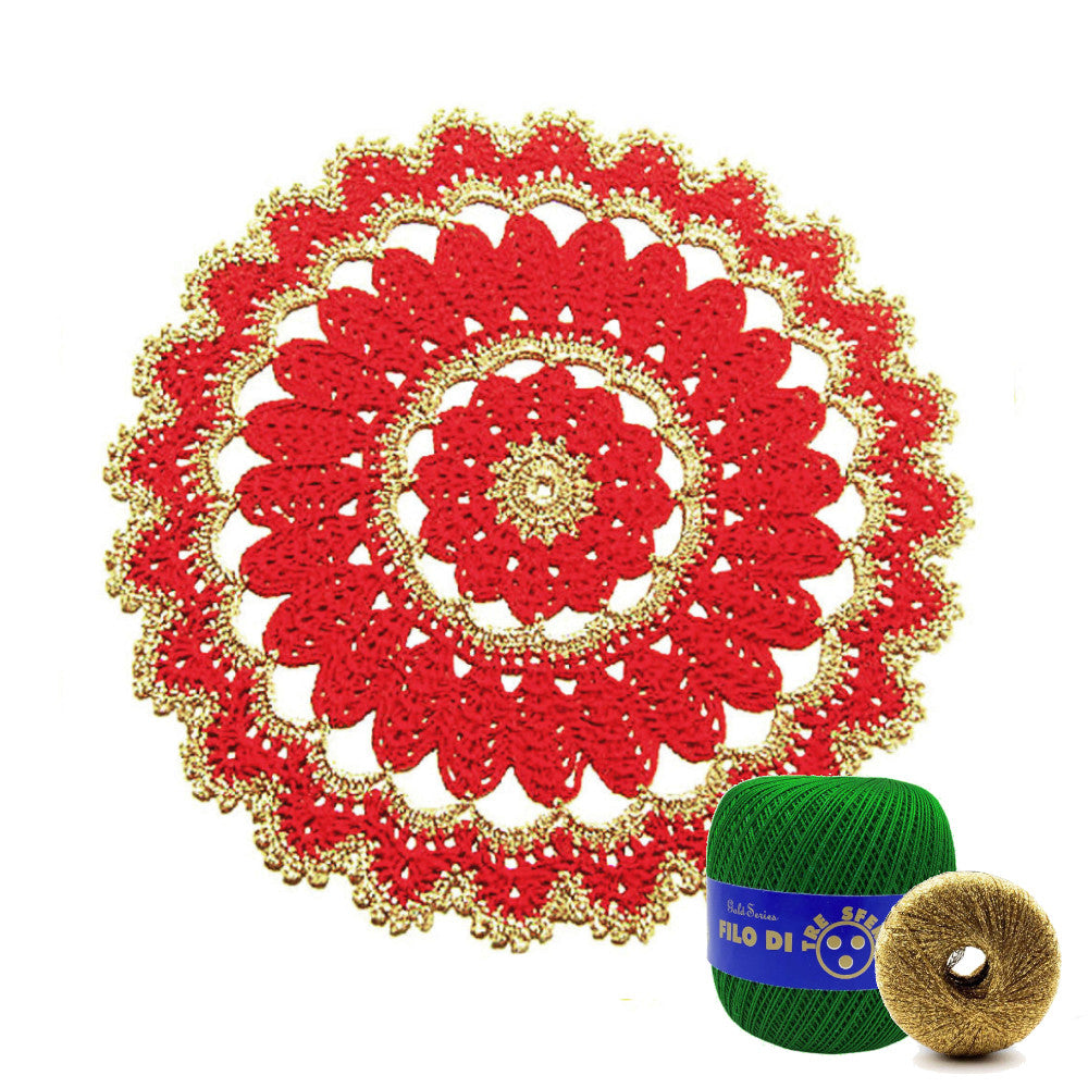 Centrino di Natale rotondo verde e oro ad uncinetto 26.5 cm