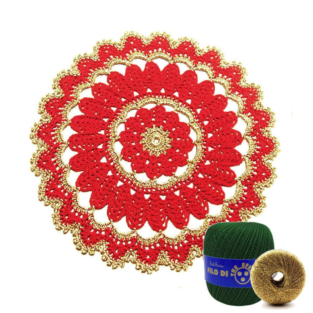 Centrino di Natale rotondo verde scuro e oro ad uncinetto 26.5 cm