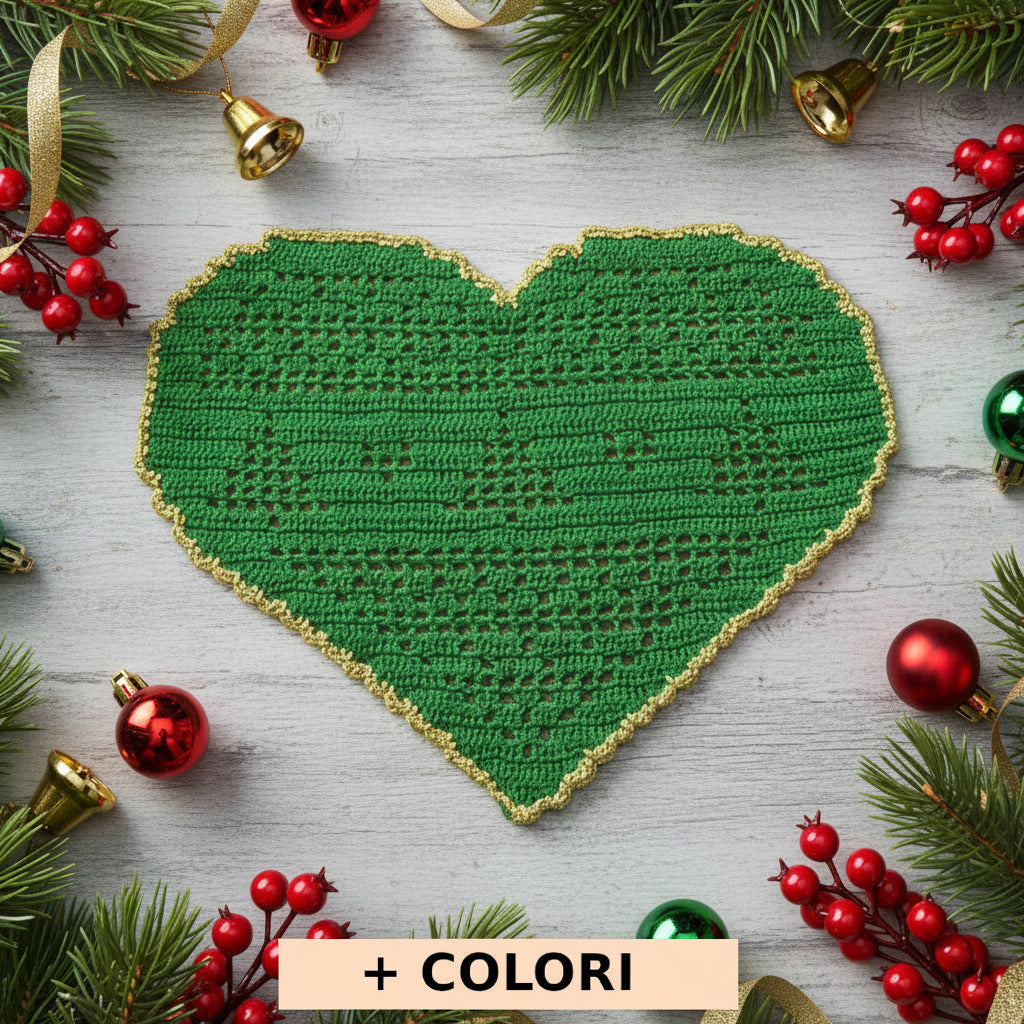 Centrino di Natale verde e oro con alberelli ad uncinetto 26x18 cm